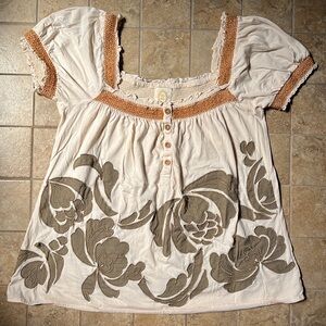 Anthropologie Cream and Brown Floral Blouse